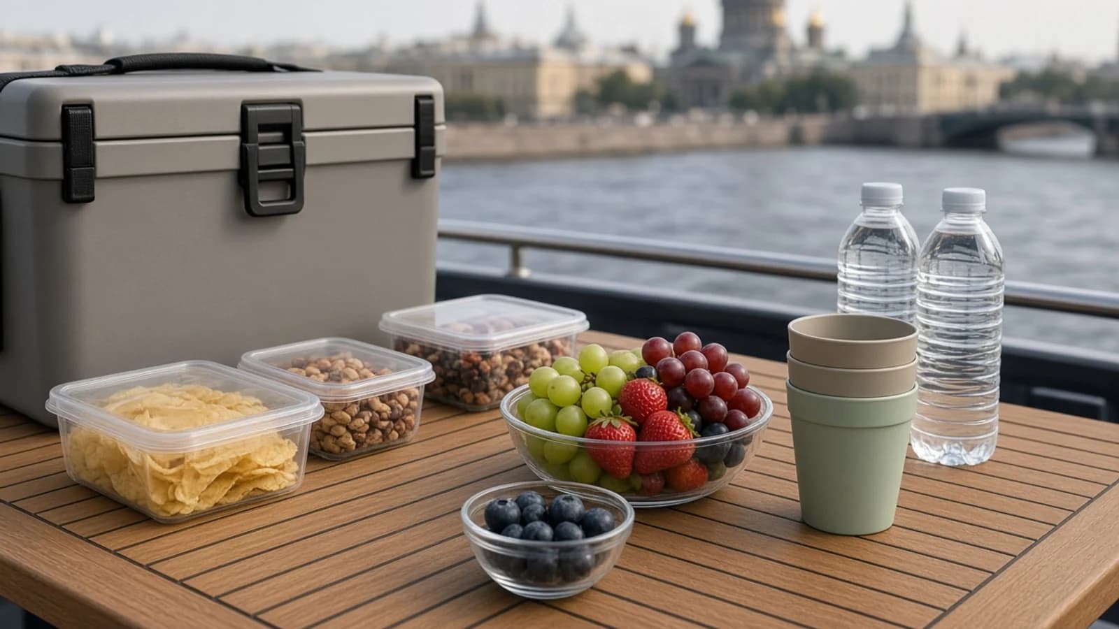 Порционные закуски и термосумка аккуратно размещены на столе в кокпите яхты